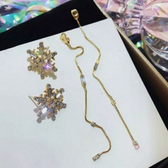 Gold Rhinestone & Pearl Snowflake Dangle Stud Earrings - Picture 10 of 10